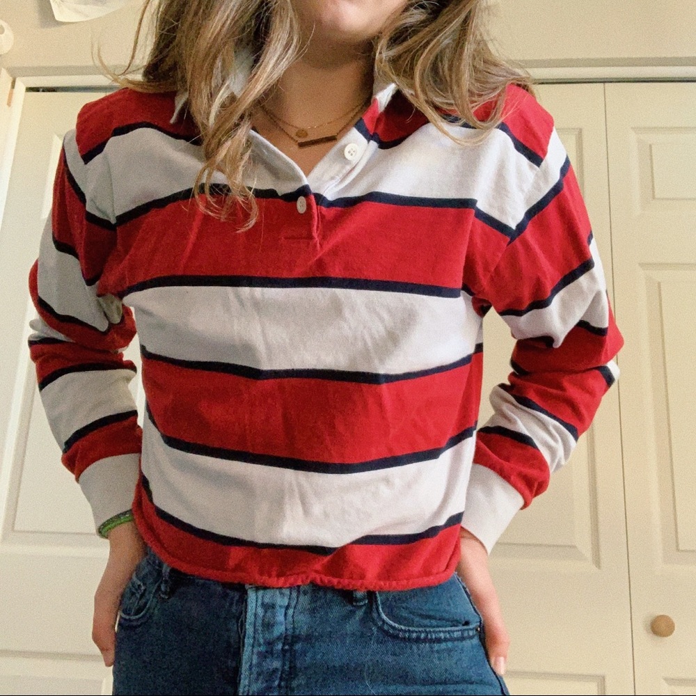 Cropped, striped, collared, quarter button up.